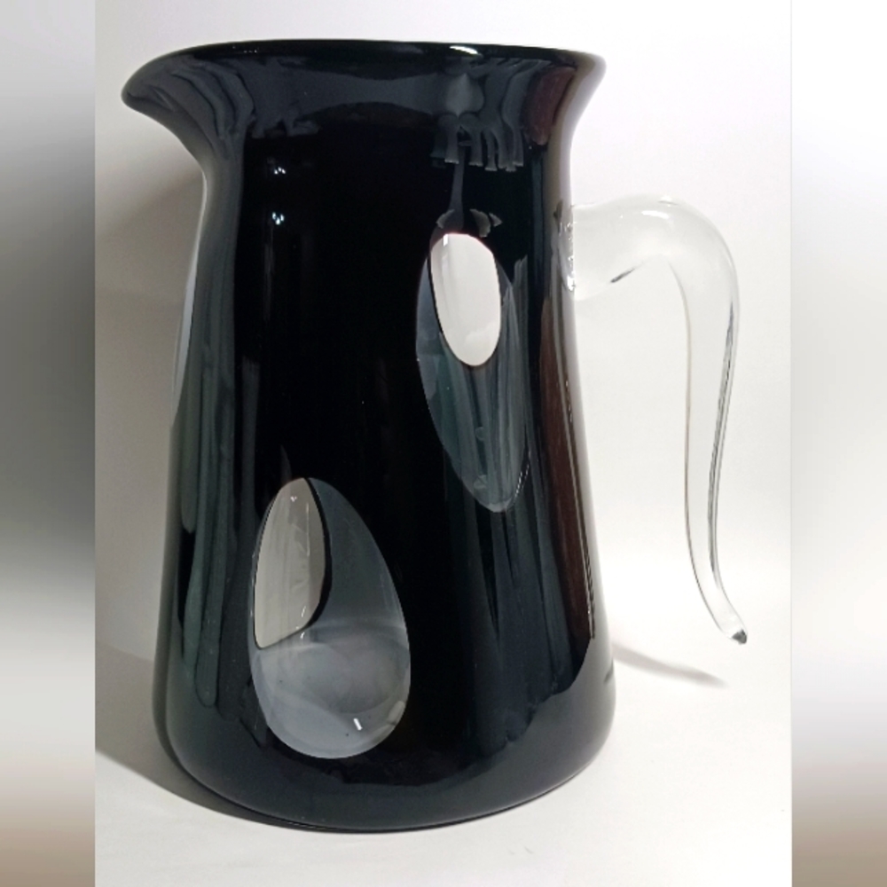 Vintage Murano Art Glass black/white/clear Hand Blown Pitcher Clear Handle